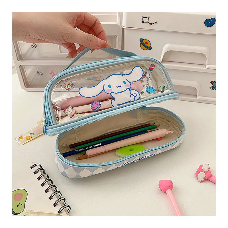 Kawaii Cartoon Hellokitty Kuromi Large Capacity Transparent Double Layer Pencil Case Cartoon Cinnamoroll Stationery Pen Bag