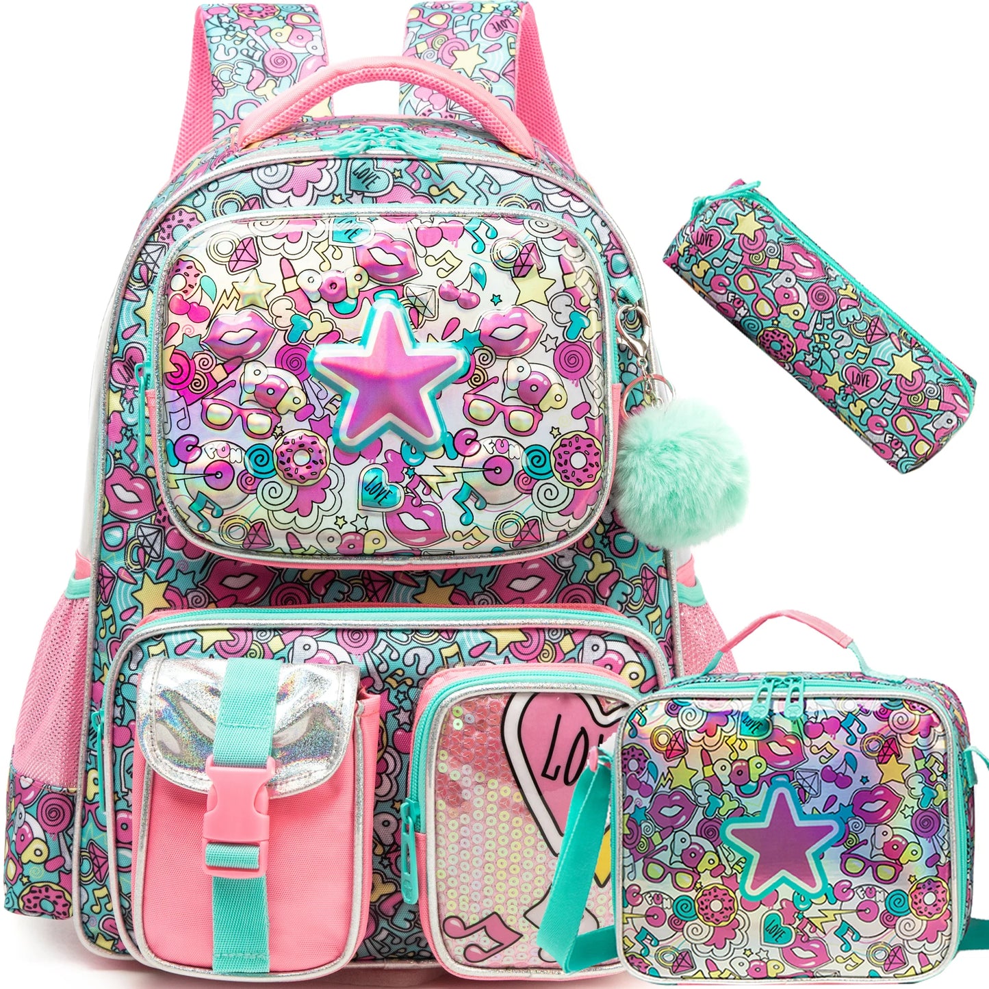 Girls School Backpack with Lunch Bag Pencil Case Multipocket Hard Shell Design Adjustable Straps for School Travel or Picnics