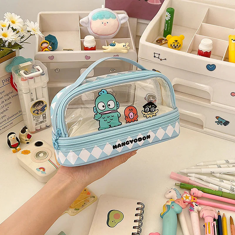 Kawaii Cartoon Hellokitty Kuromi Large Capacity Transparent Double Layer Pencil Case Cartoon Cinnamoroll Stationery Pen Bag