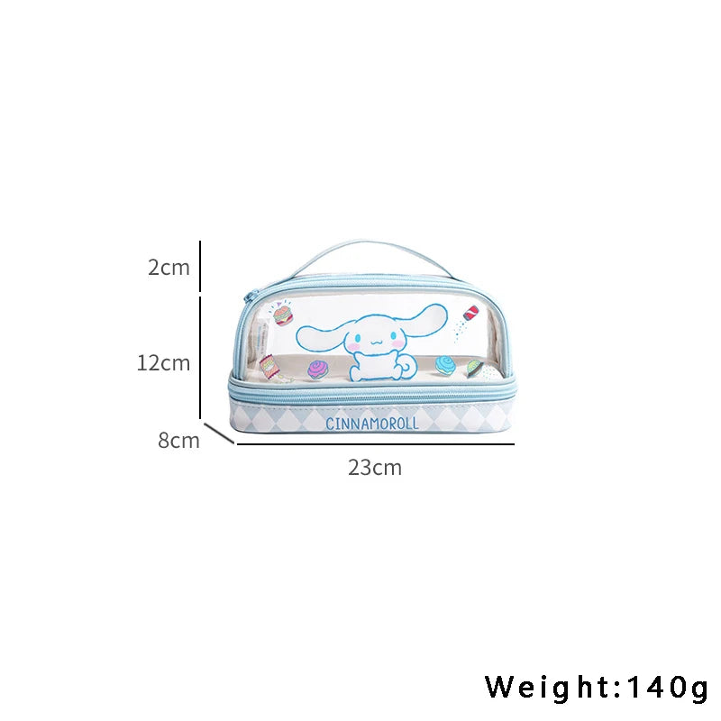 Kawaii Cartoon Hellokitty Kuromi Large Capacity Transparent Double Layer Pencil Case Cartoon Cinnamoroll Stationery Pen Bag