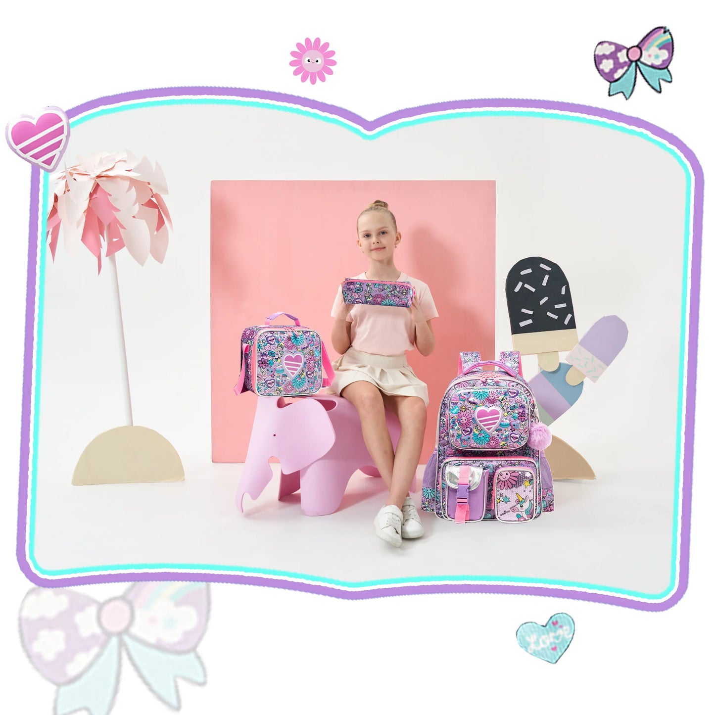 Girls School Backpack with Lunch Bag Pencil Case Multipocket Hard Shell Design Adjustable Straps for School Travel or Picnics