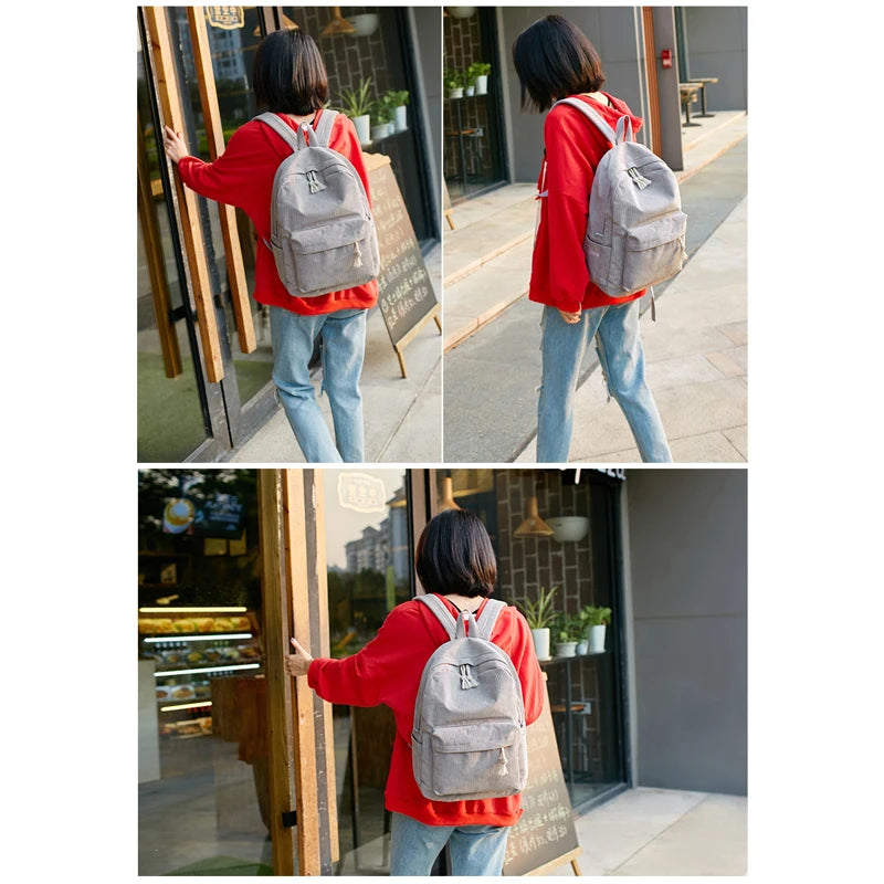Beige School Backpack for Teenage Girls Pink Soft Fabric Backpack Female Striped Backpack for Women School Bag