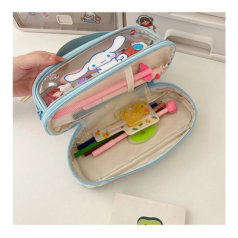 Kawaii Cartoon Hellokitty Kuromi Large Capacity Transparent Double Layer Pencil Case Cartoon Cinnamoroll Stationery Pen Bag