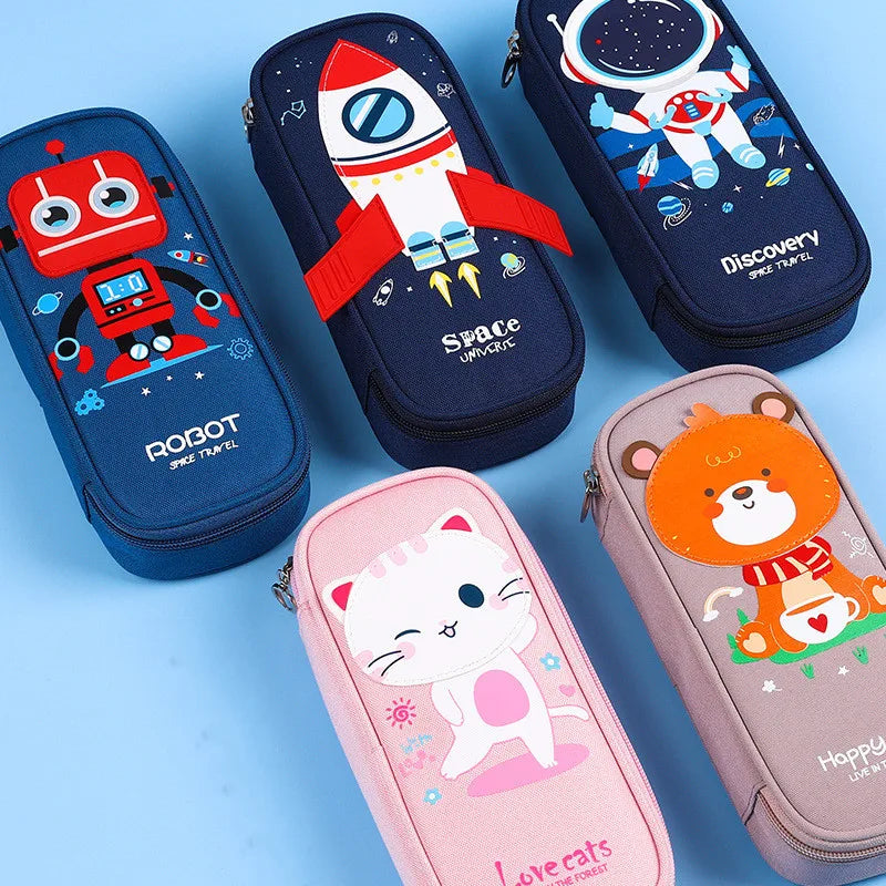 Rocket Canvas Pencil Case Cute Pencil Bag Creative Large Capacity Pen Case Children Pen Bag Gifts Cartoon Animal School Supplies