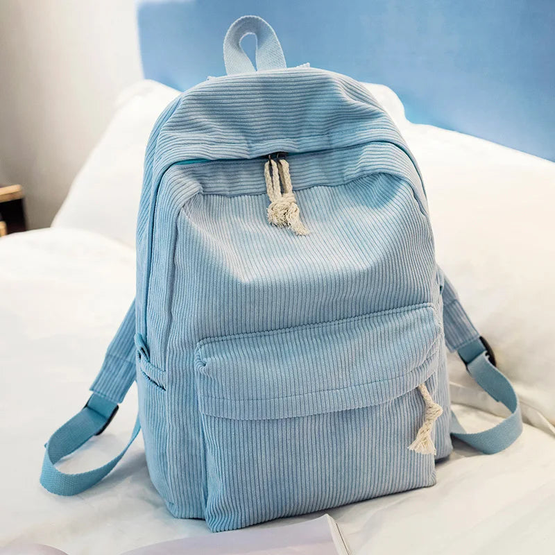 Beige School Backpack for Teenage Girls Pink Soft Fabric Backpack Female Striped Backpack for Women School Bag