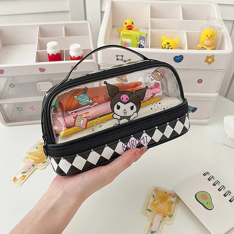 Kawaii Cartoon Hellokitty Kuromi Large Capacity Transparent Double Layer Pencil Case Cartoon Cinnamoroll Stationery Pen Bag