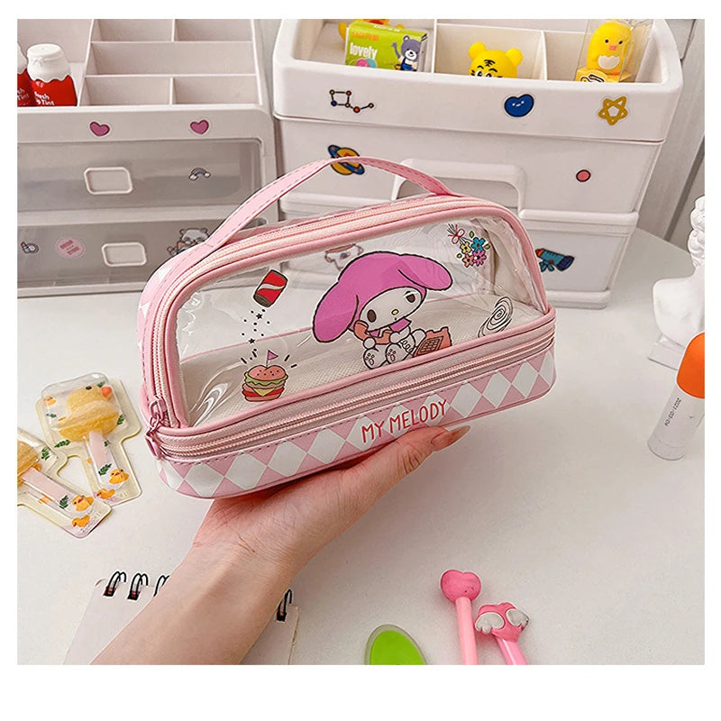 Kawaii Cartoon Hellokitty Kuromi Large Capacity Transparent Double Layer Pencil Case Cartoon Cinnamoroll Stationery Pen Bag