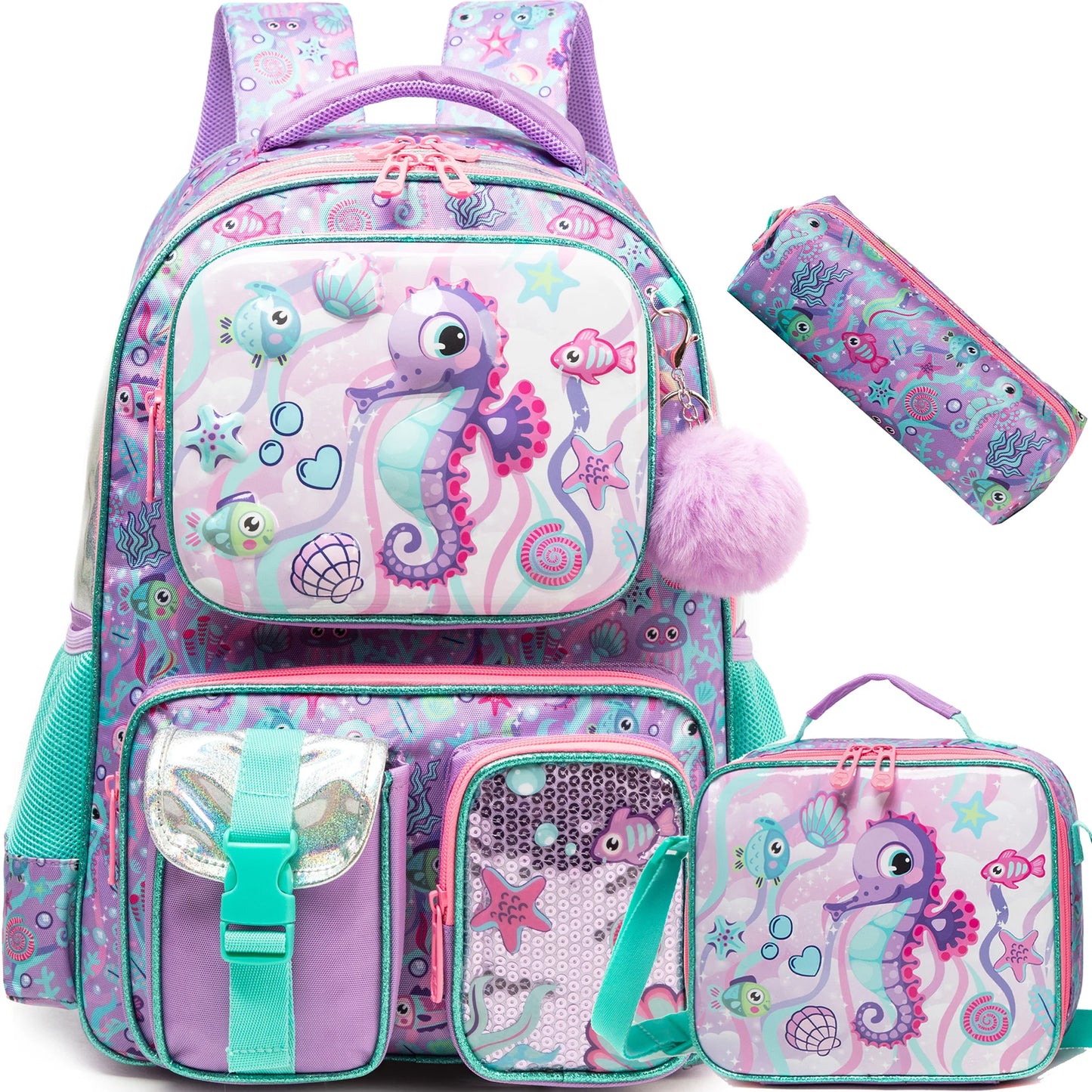 Girls School Backpack with Lunch Bag Pencil Case Multipocket Hard Shell Design Adjustable Straps for School Travel or Picnics