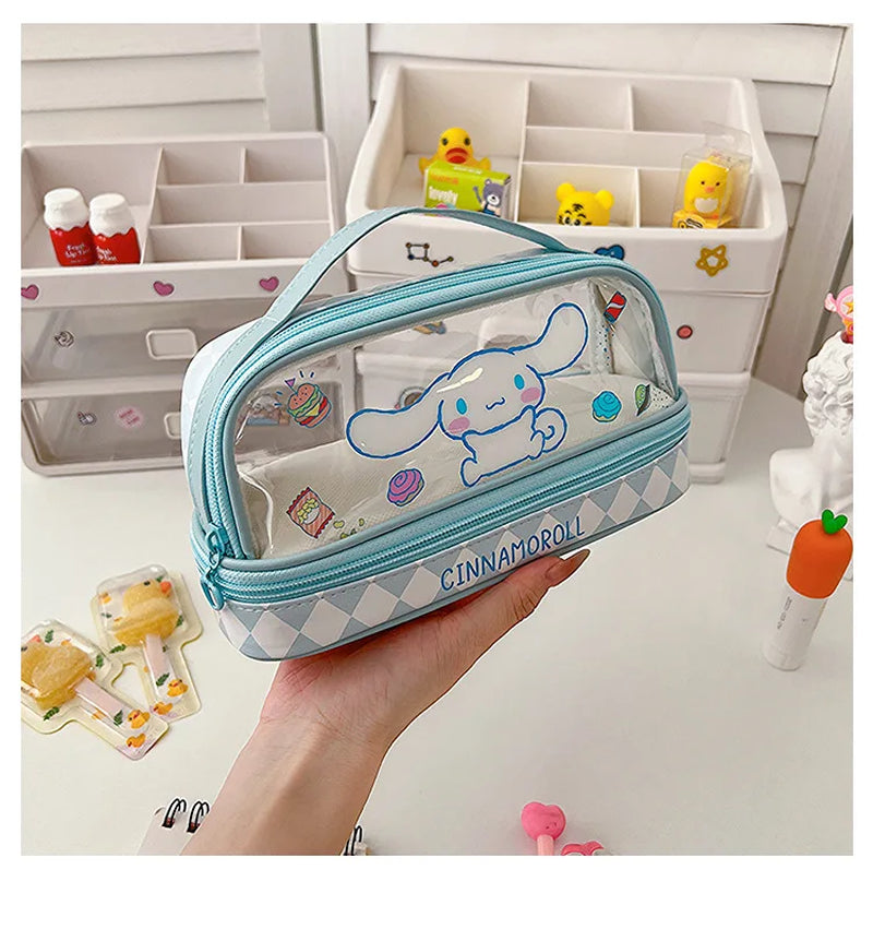 Kawaii Cartoon Hellokitty Kuromi Large Capacity Transparent Double Layer Pencil Case Cartoon Cinnamoroll Stationery Pen Bag