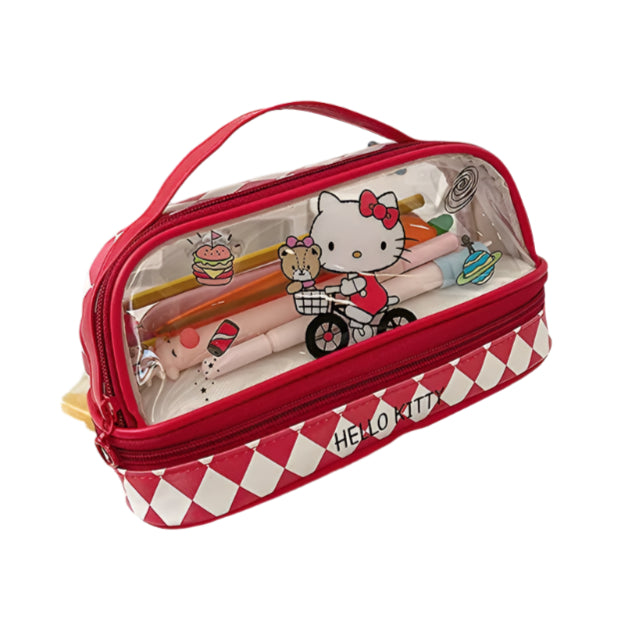Kawaii Cartoon Hellokitty Kuromi Large Capacity Transparent Double Layer Pencil Case Cartoon Cinnamoroll Stationery Pen Bag