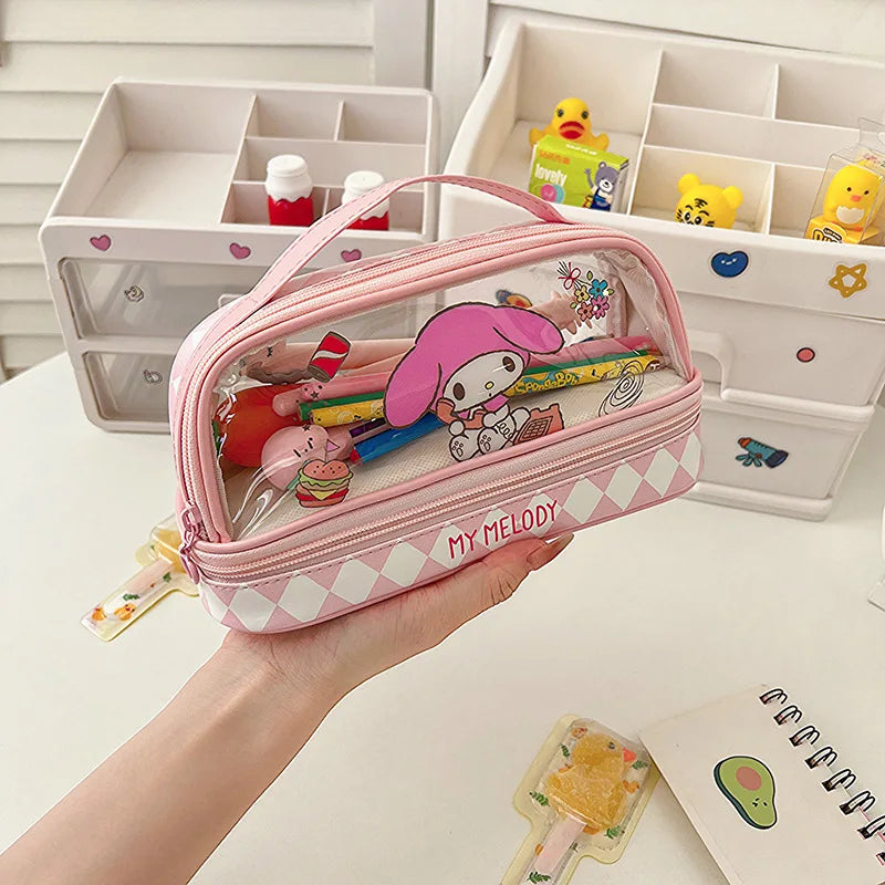 Kawaii Cartoon Hellokitty Kuromi Large Capacity Transparent Double Layer Pencil Case Cartoon Cinnamoroll Stationery Pen Bag