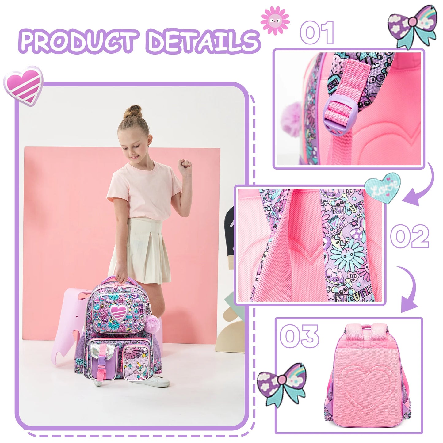 Girls School Backpack with Lunch Bag Pencil Case Multipocket Hard Shell Design Adjustable Straps for School Travel or Picnics