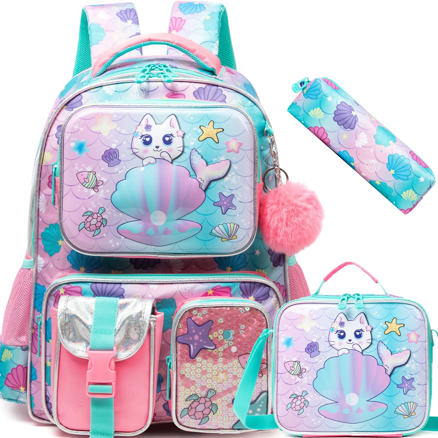 Girls School Backpack with Lunch Bag Pencil Case Multipocket Hard Shell Design Adjustable Straps for School Travel or Picnics