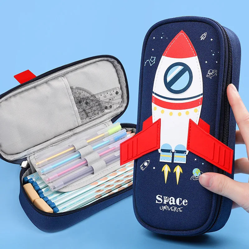Rocket Canvas Pencil Case Cute Pencil Bag Creative Large Capacity Pen Case Children Pen Bag Gifts Cartoon Animal School Supplies