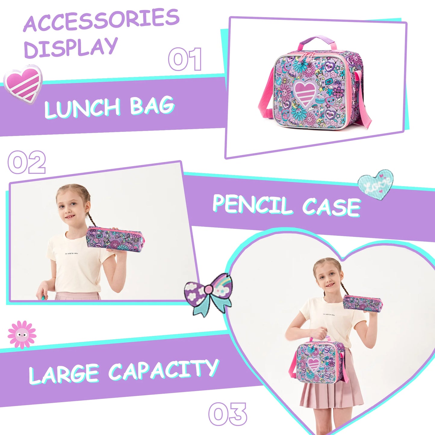 Girls School Backpack with Lunch Bag Pencil Case Multipocket Hard Shell Design Adjustable Straps for School Travel or Picnics