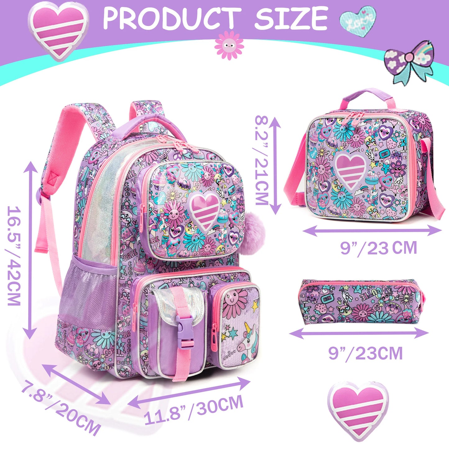 Girls School Backpack with Lunch Bag Pencil Case Multipocket Hard Shell Design Adjustable Straps for School Travel or Picnics
