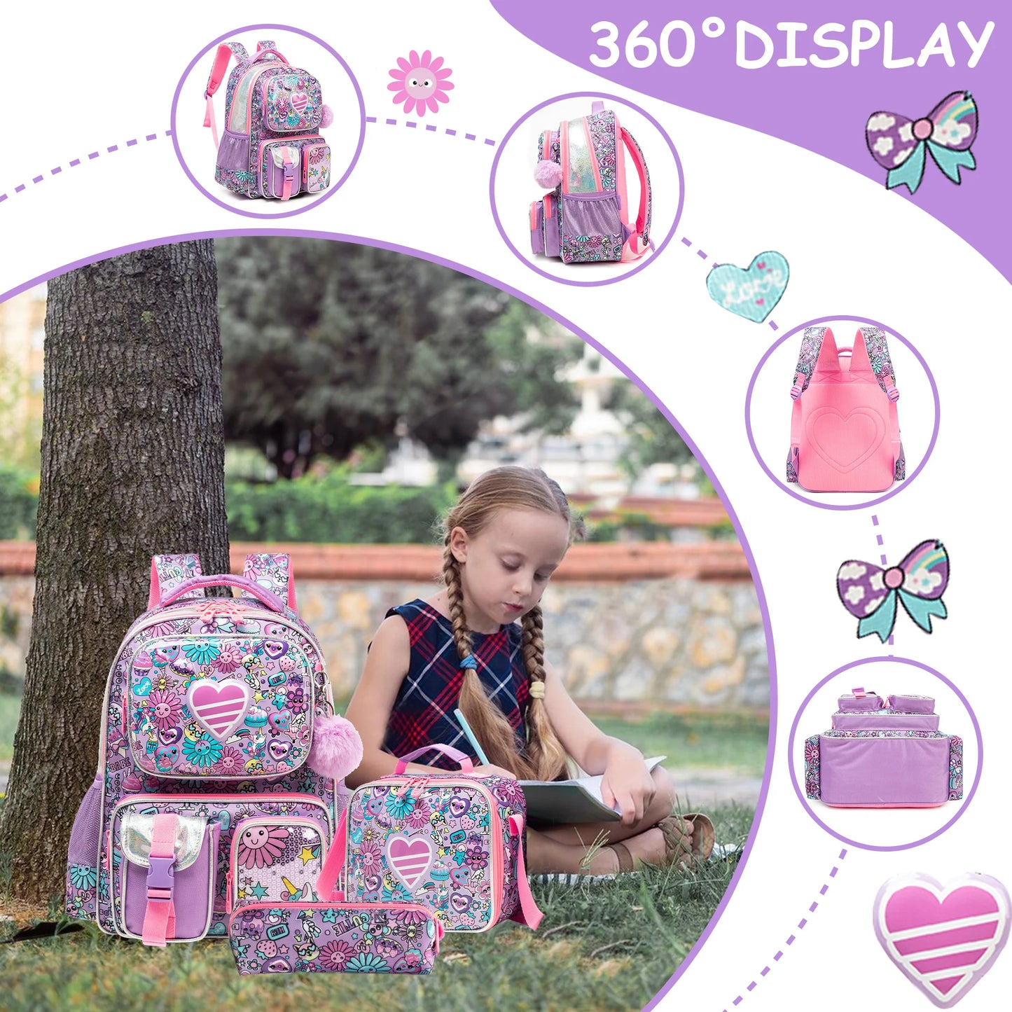 Girls School Backpack with Lunch Bag Pencil Case Multipocket Hard Shell Design Adjustable Straps for School Travel or Picnics