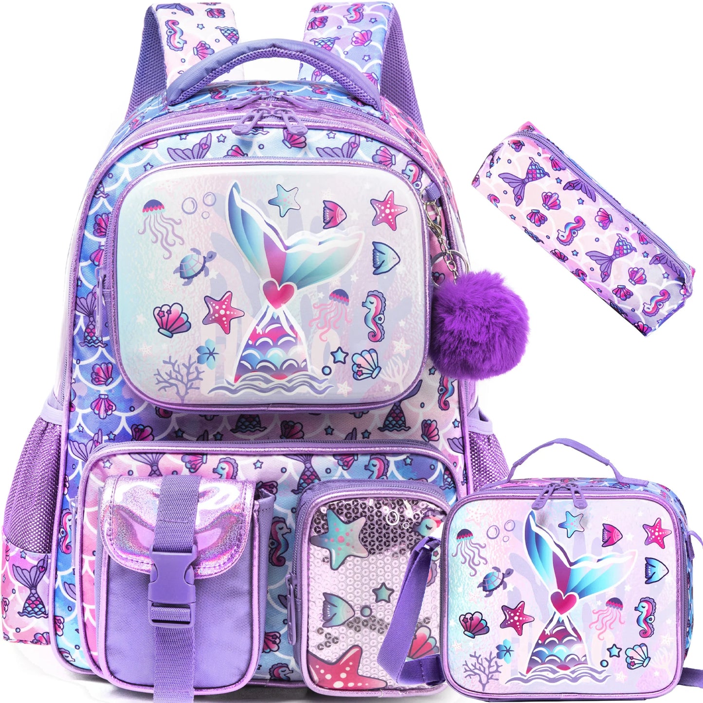 Girls School Backpack with Lunch Bag Pencil Case Multipocket Hard Shell Design Adjustable Straps for School Travel or Picnics