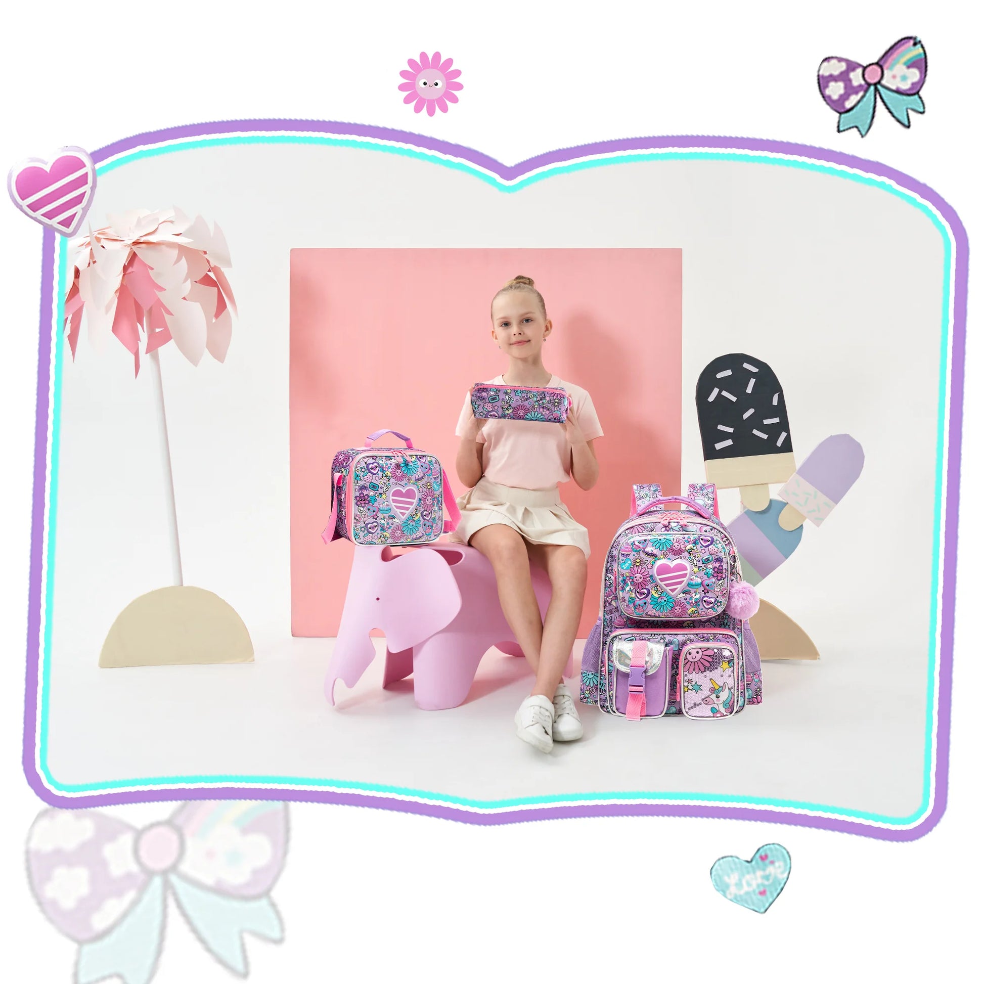 Girls School Backpack with Lunch Bag Pencil Case Multipocket Hard Shell Design Adjustable Straps for School Travel or Picnics