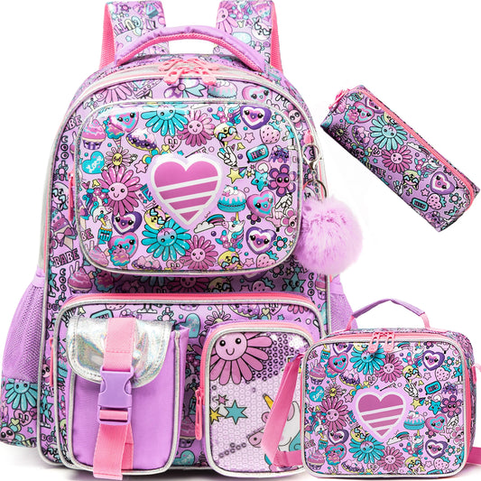 Girls School Backpack with Lunch Bag Pencil Case Multipocket Hard Shell Design Adjustable Straps for School Travel or Picnics